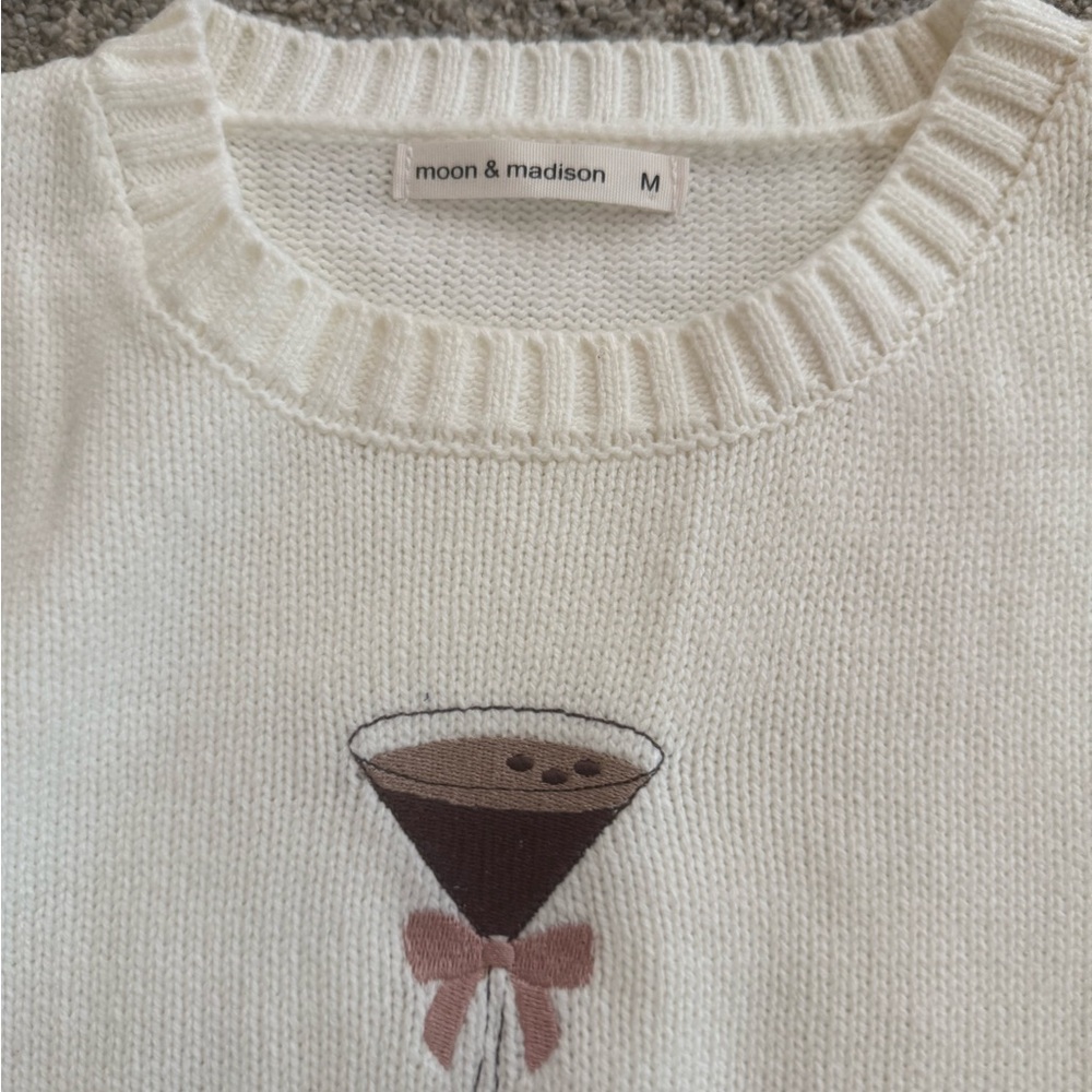 moon & madison Cream Sweater with Espresso Cocktail Embroidery and Pink Bow